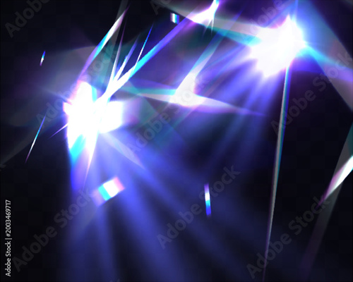 Abstract prism light refraction with glowing lens flare streaks holographic spectrum effect isolated on dark background
