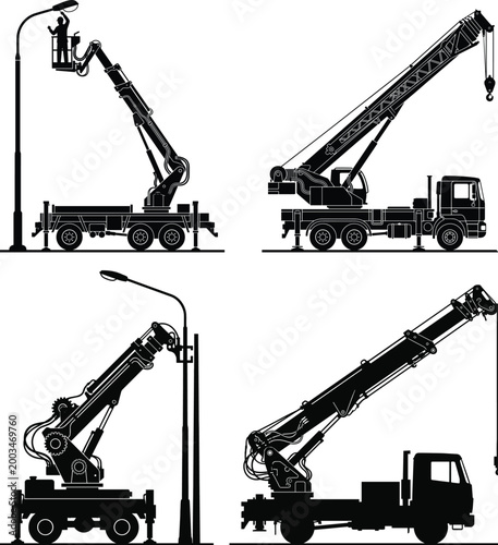Truck mounted crane silhouettes collection with construction lifting equipment, hydraulic boom vehicles and industrial machinery for engineering and building design projects