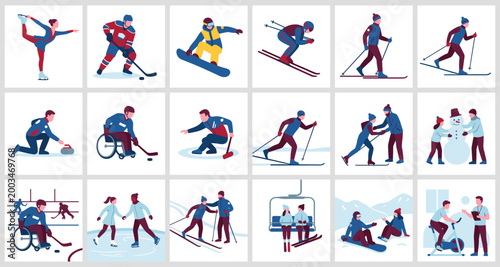 Winter sports illustration set with skiing, snowboarding, ice skating, curling and snow activities for outdoor recreation and seasonal design projects