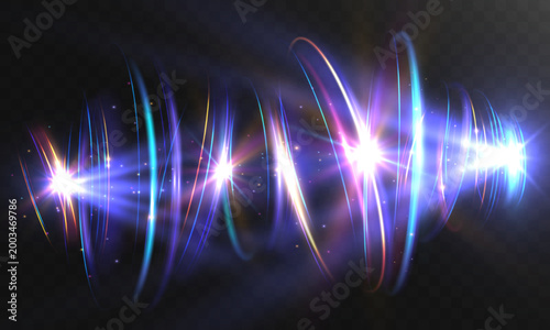 Disco party light wave with neon glow, colorful beams and sparkling lens flares on dark background
