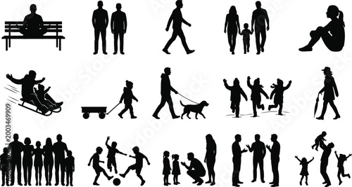 Mega collection of fifteen community silhouettes featuring families with children pet owners walking dogs sledding and social group interactions isolated on white.