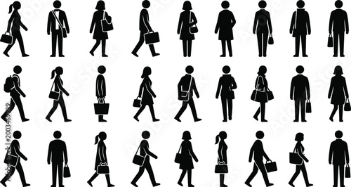 Mega collection of twenty-seven commuter silhouettes featuring professional men and women with briefcases backpacks and shoulder bags walking isolated on white.