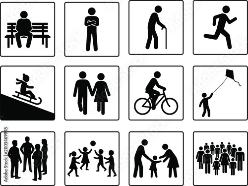 Mega collection of twelve community recreation icons featuring park activities like cycling running sledding walking and group gatherings isolated on white.