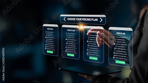 Φωτογραφία User selecting pricing plan on futuristic digital interface with options for free trial, basic plan, standard plan, and pro plan in a modern business setting Quark