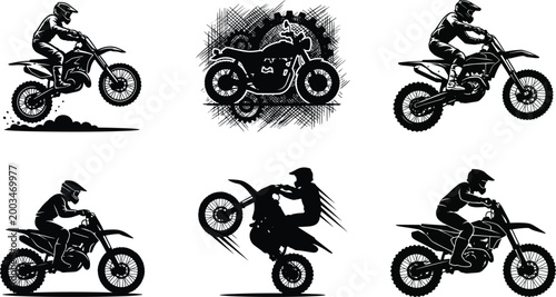 Motocross rider silhouettes collection with dirt bike jumps, wheelies and off-road racing action poses for extreme sport and adventure design projects