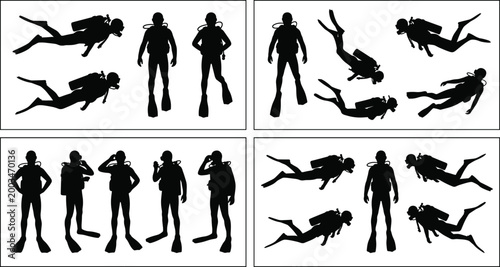 Scuba diver silhouettes collection with underwater swimming poses, diving gear and marine exploration scenes for ocean adventure and aquatic design projects