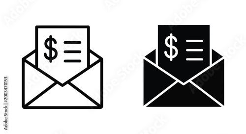 Invoice inside envelope icon set representing financial billing and payment notification in outline and solid black glyph style for business accounting and e-commerce transaction management systems