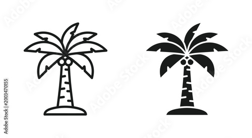 Tropical palm tree icon set with coconuts in outline and solid black glyph style for beach travel vacation and summer lifestyle branding and graphic design projects across digital and print media