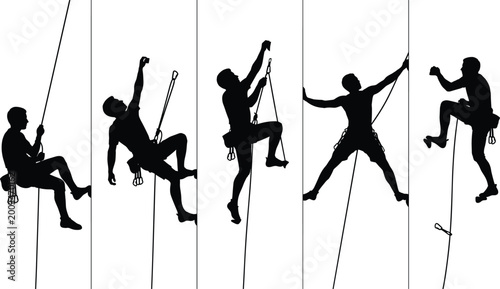 Set of five rock climbing silhouettes featuring lead climbing rappelling and technical bouldering maneuvers with ropes and harnesses isolated on white.
