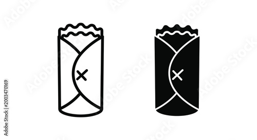Burrito wrap icon set featuring delicious mexican food roll with tortilla and meat filling in outline and solid black glyph style for restaurant menu design and food delivery app interface elements