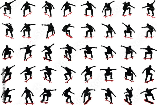 Skateboarder silhouettes collection with street skating tricks, jumps and freestyle poses for extreme sport, urban culture and youth lifestyle design projects