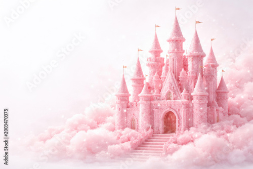 Pink fairytale castle in the clouds on a light background. Space for text.