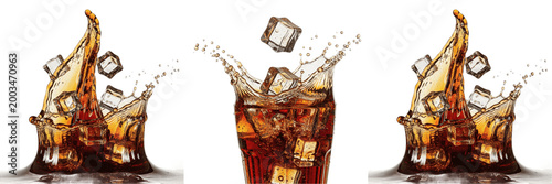 Refreshing Glass of Cola with Ice Cubes Splash Isolated PNG, Dynamic Soda Drink Beverage for Bar Menu and Fast Food Design