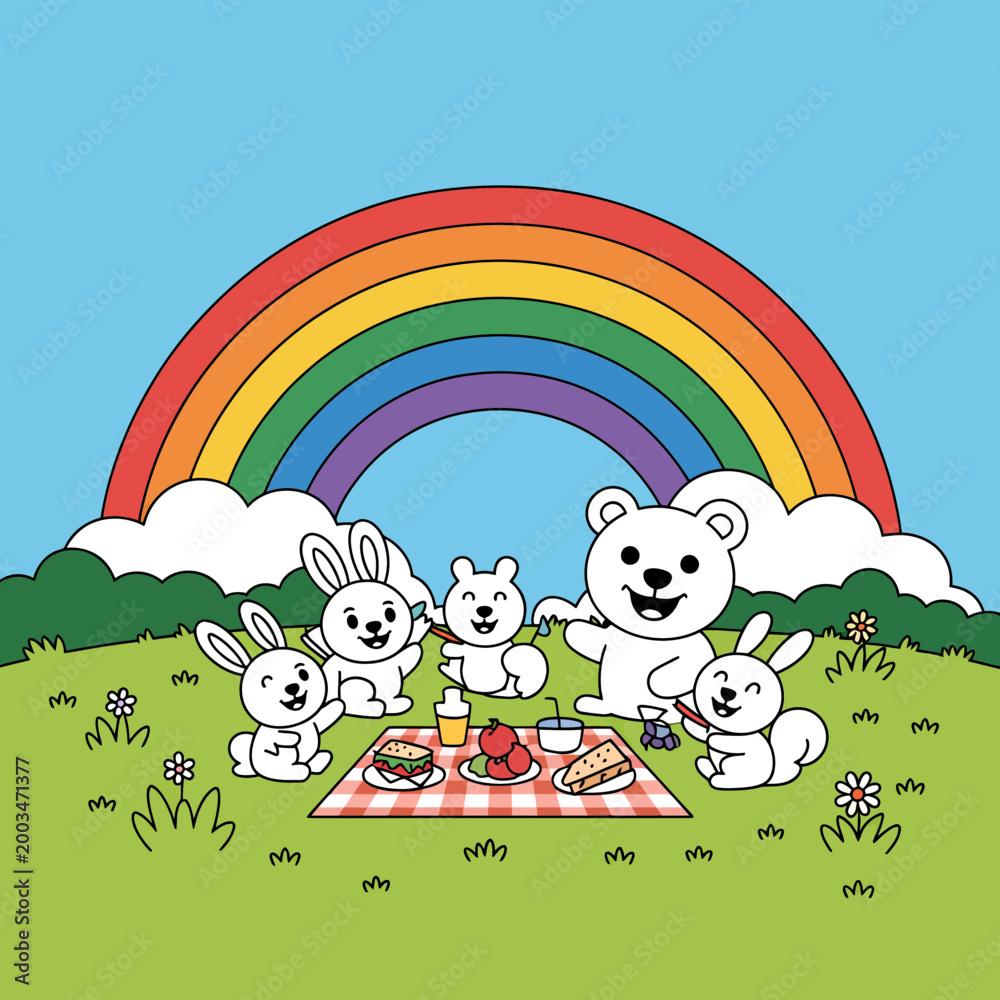 Fototapeta premium White Cartoon Animals Picnic Under Rainbow