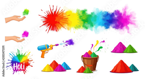 Holi festival celebration with colorful powder, water gun, and hands throwing gulal