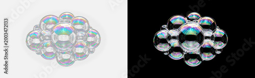 Iridescent glass bubble group isolated on transparent background, holographic crystal spheres arranged in circular cluster pattern with rainbow refraction, overlay PNG