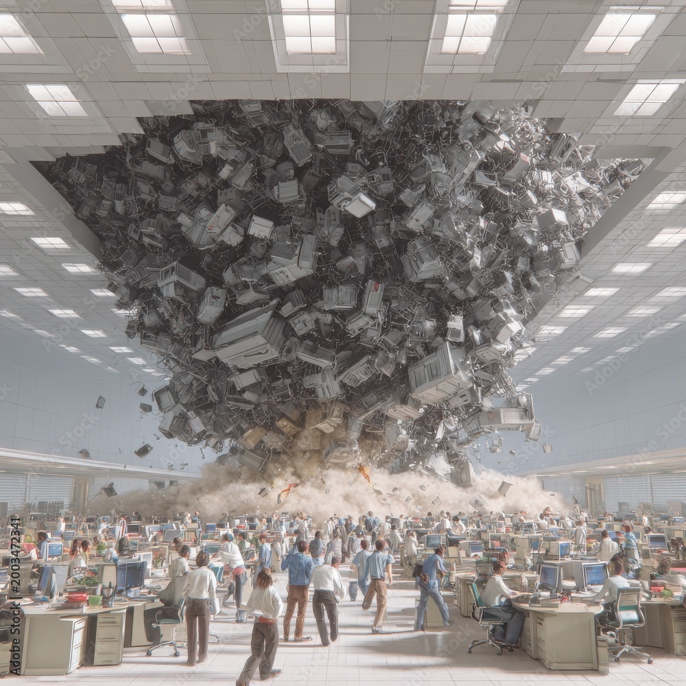 Obraz premium Chaotic office scene with giant magnet pulling metal furniture to ceiling and panicked workers below fluorescent lights