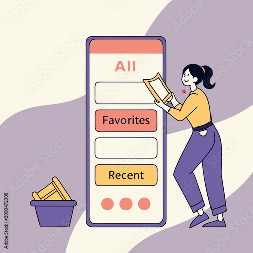 Woman holding a book next to a large smartphone with categories favorites