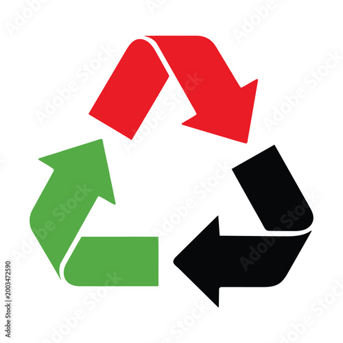 Colorful recycling symbol with red green and black arrows isolated on white background