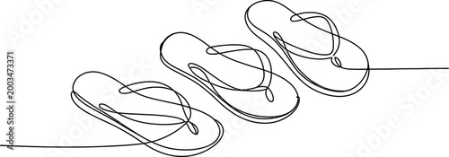 Continuous single line drawing of three flip flops summer sandals for beach vacation travel and leisure lifestyle fashion footwear illustration Vector, illustration