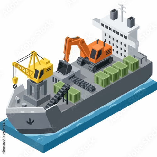 Cargo ship with excavator and crane loading containers at sea.