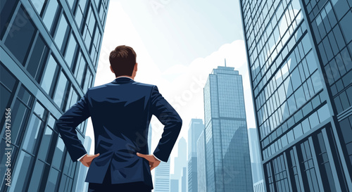 Back view of a businessman in a dark blue suit standing with hands on hips, looking up at modern glass skyscrapers in a corporate district under a clear sky, vector illustration.