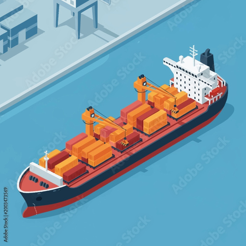 Large cargo ship carrying containers in the ocean near a port.