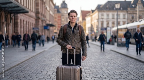 Young man standing with suitcase on cobblestone street in city looking adventurous and ready to travel