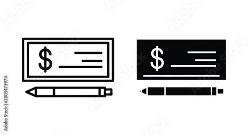 Financial bank check and pen icon set in outline and solid black vector style for banking and accounting design