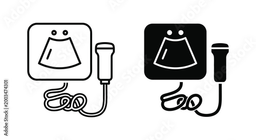 Line art and solid black silhouette icons depicting an ultrasound medical imaging device with transducer probe for diagnostics and pregnancy