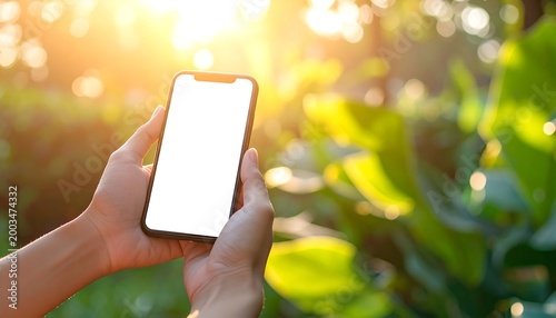 Hand holding smartphone outdoors with natural light background