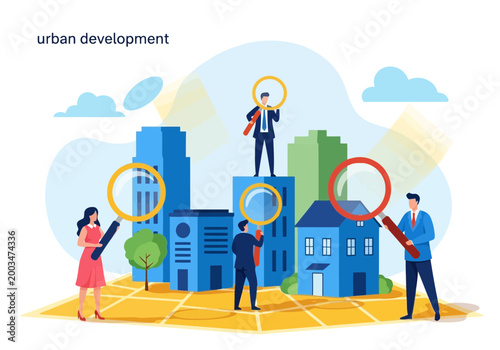 Urban development concept with people analyzing city infrastructure