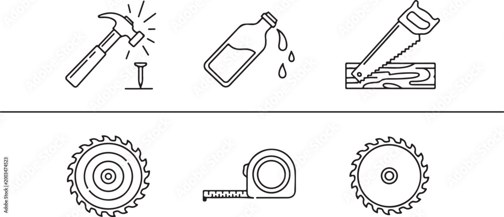 Fototapeta premium Set of construction tools and hardware icons including hammer saw and measuring tape in line style