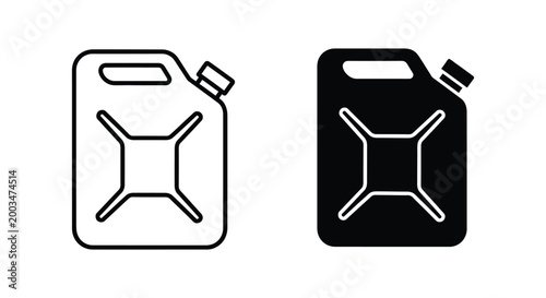 Industrial jerry can vector illustration depicting a fuel container for gasoline or liquids in outline and solid icon forms