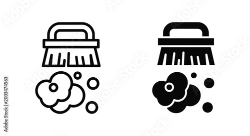 Household cleaning brush vector illustration with suds and bubbles in both outline and solid silhouette icon styles