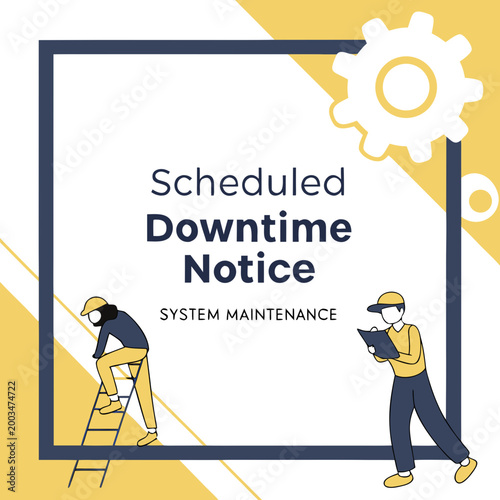 Tableau sur toile Scheduled downtime notice with workers and gear