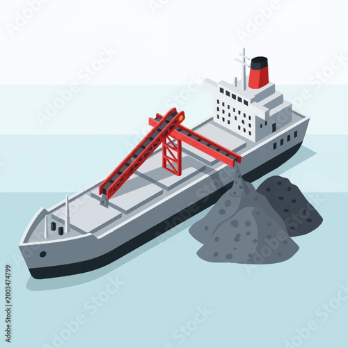 Cargo ship loading bulk material with crane.