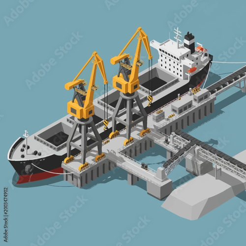 Industrial port with cargo ship and cranes loading bulk material.