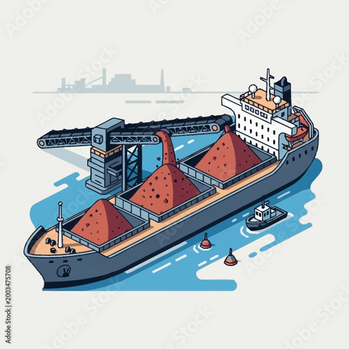 Bulk Carrier Ship Loaded with Cargo at Industrial Port.