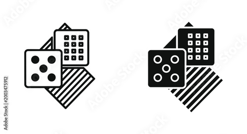 Casino game dice and playing cards vector icons featuring gambling and entertainment symbols in outline and solid styles for gaming industry and leisure time activity design projects and assets