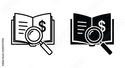 Financial research book with magnifying glass vector icons featuring accounting and tax document analysis in outline and solid styles for business auditing and economic investigation design assets