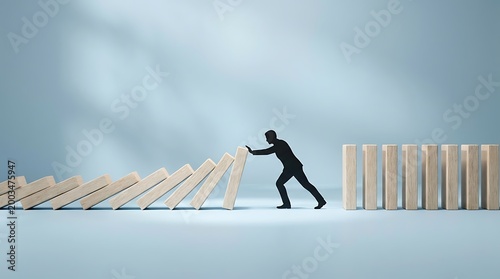 Businessman stopping domino effect, preventing crisis, risk management, strategy