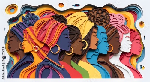 Diverse women in profile, paper cut art, vibrant colors, celebrating unity and strength