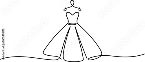 Elegant wedding dress on a clothes hanger drawn in a continuous single black line art style for fashion boutique and bridal shop logos Vector, illustration