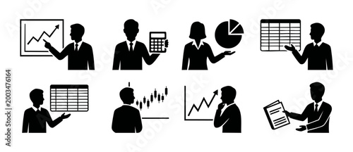 Photos Business People Icons Set with Financial Charts and Data Analysis, Professional