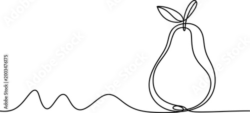 Continuous single line drawing of a fresh pear fruit with a leaf and wavy ground line for minimalist healthy food design and art decoration Vector, illustration