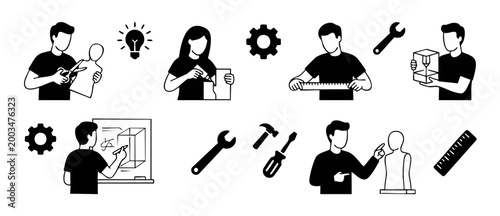Maker workspace icons set, people designing and crafting prototypes with tools, 3D printing and manual modeling process, engineering creative workflow, flat vector illustration on white background, se