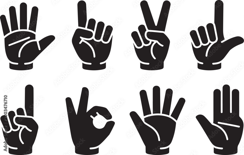 Fototapeta premium Collection of diverse hand gestures and finger signals indicating communication and numbers, presented as black icons on a white background