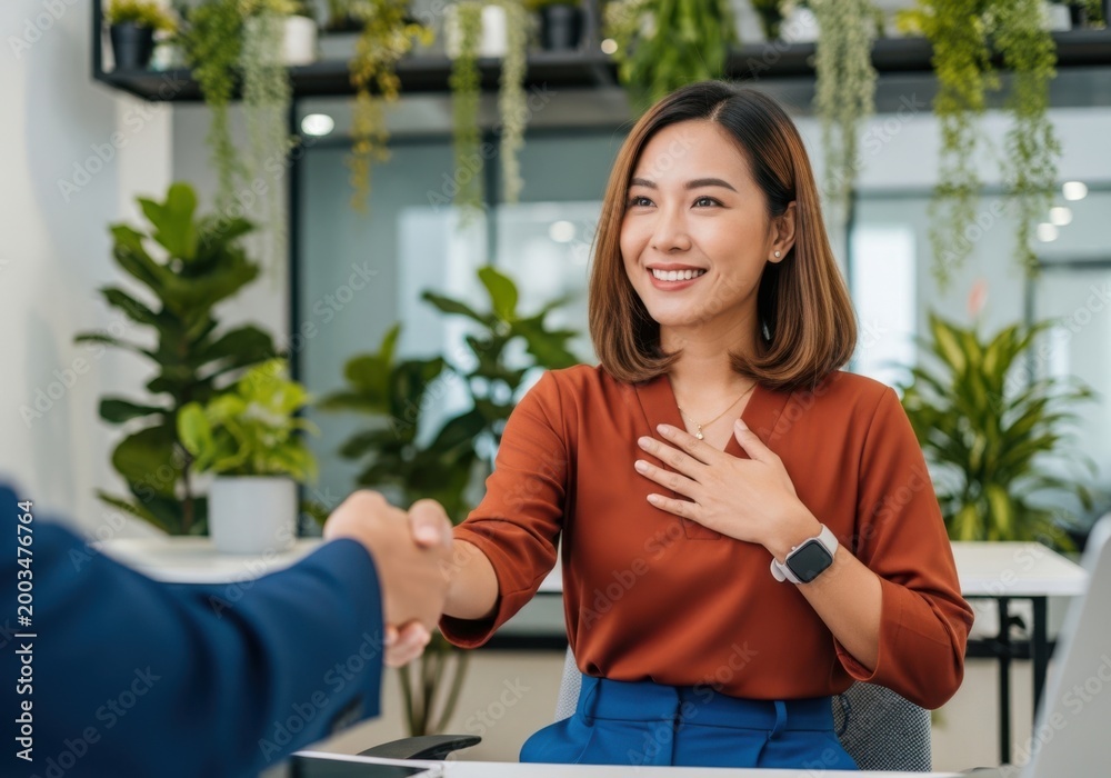 Obraz premium Professional woman shaking hands with a business partner in an office