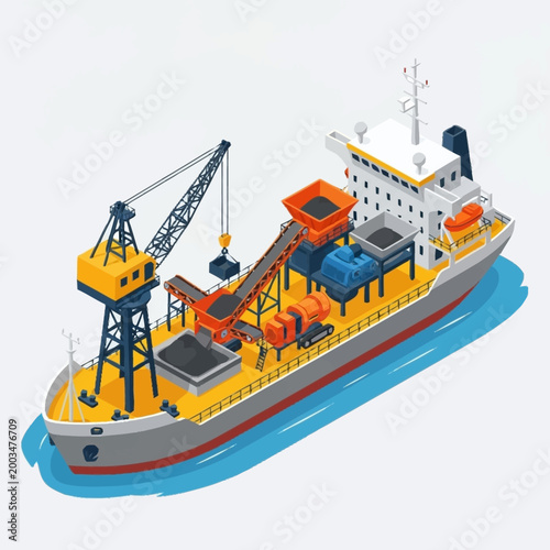 Industrial bulk carrier ship with crane and conveyor belt loading cargo.
